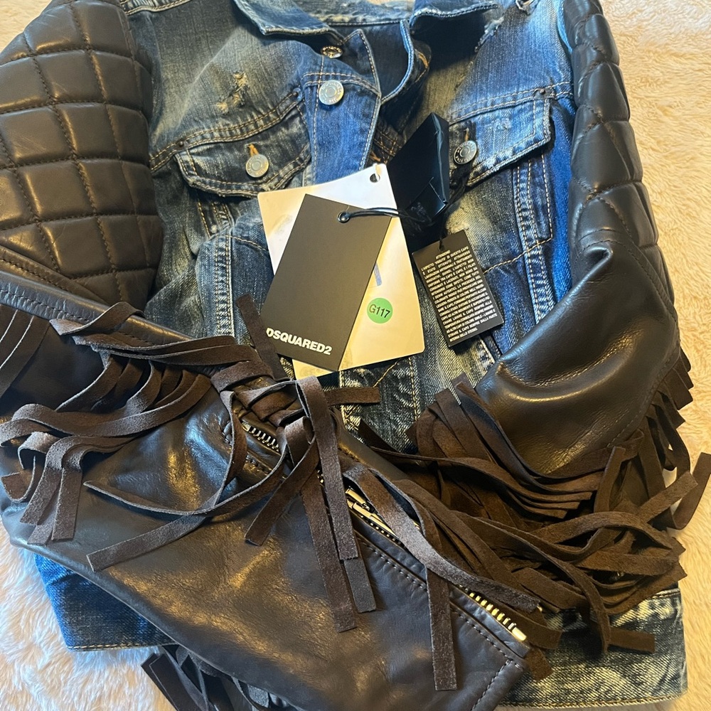 DSQUARED2 Blue Denim Jacket with Brown Leather Fringe